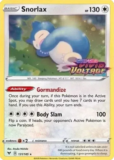 Snorlax - 131/185 (Vivid Voltage Stamped) - 131/185 - Miscellaneous Cards & Products Pokemon - Collectr Snorlax - 131/185 (Vivid Voltage Stamped) - 131/185 - Miscellaneous Cards & Products Pokemon - Collectr